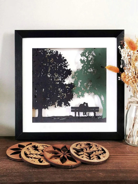 For Me And For You - Couple On A Bench - Layered Papercut Scene